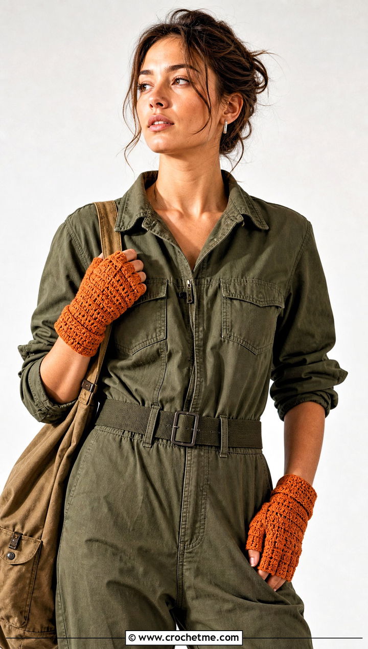 Half Finger Crochet Gloves With Utility Jumpsuit - 30 crochet half gloves fingerless mitts outfit ideas