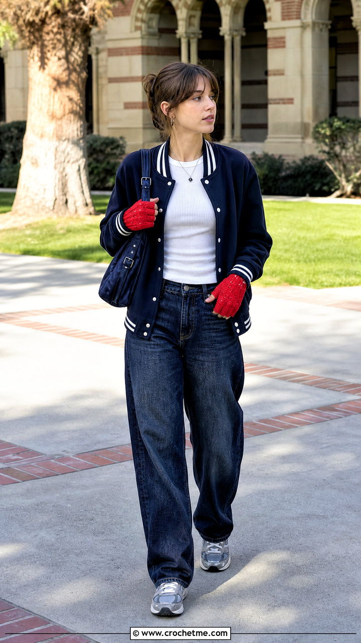 Half Finger Crochet Gloves With Varsity Jacket - 35 easy crochet fingerless gloves outfit ideas