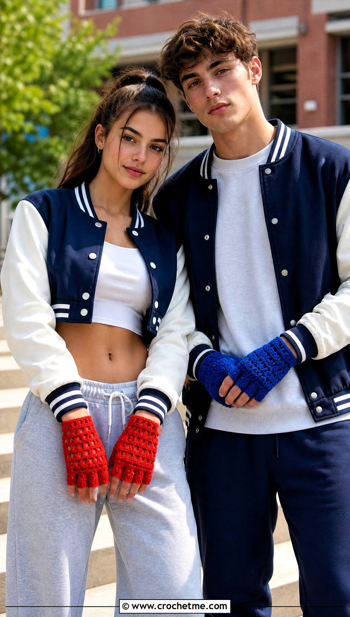 Half Finger Crochet Gloves With Varsity Jackets - 25 Crochet Gloves For Couples outfit ideas