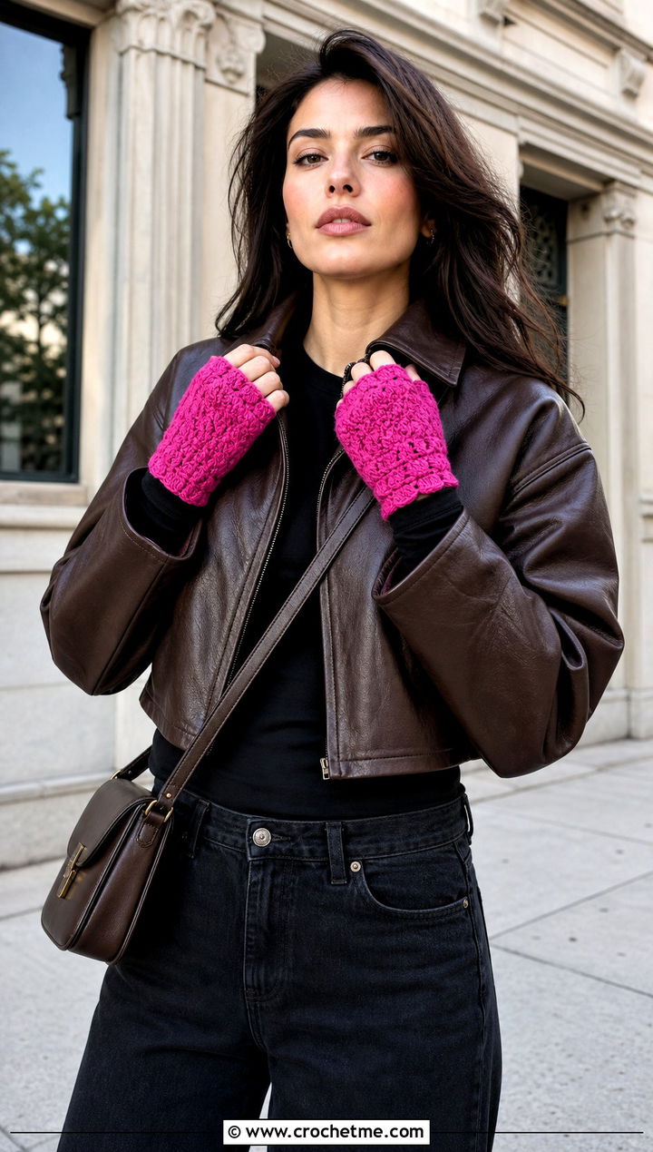 Half Finger Crochet Mitts With Moto Outfit - 25 Crochet Fingerless Mitts outfit ideas
