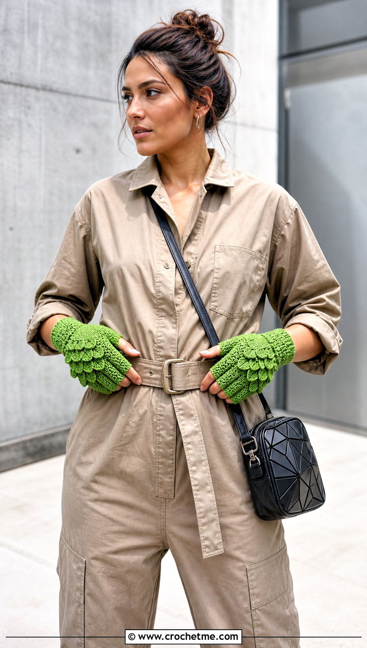 Half Finger Dragon Scale Gloves With Utility Jumpsuit - 30 dragon scale crochet gloves outfit ideas