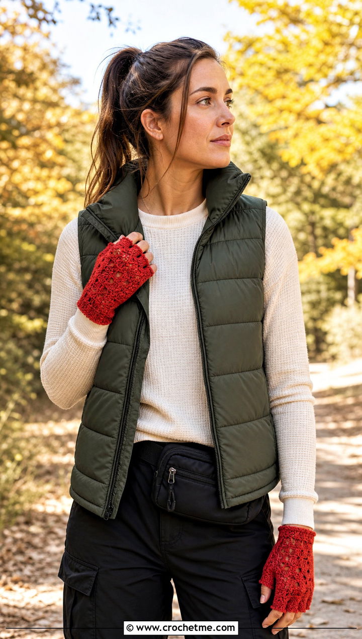 Half Finger Lace Crochet Gloves With Puffer Vest - 25 lace crochet gloves outfit ideas
