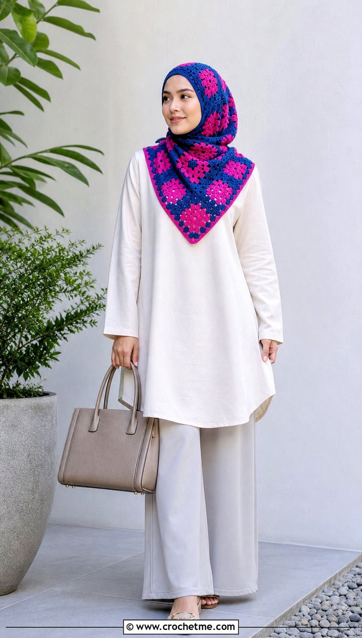 Half Granny Square Crochet Kerchief With Tunic And Wide Leg Pants - 35 small crochet scarf outfit ideas