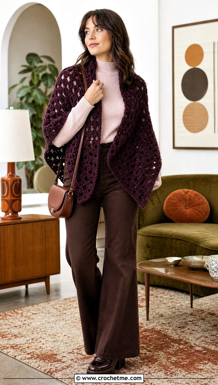 Half Hexagon Chunky Shawl With Flared Pants - 25 Crochet Chunky Shawl outfit ideas