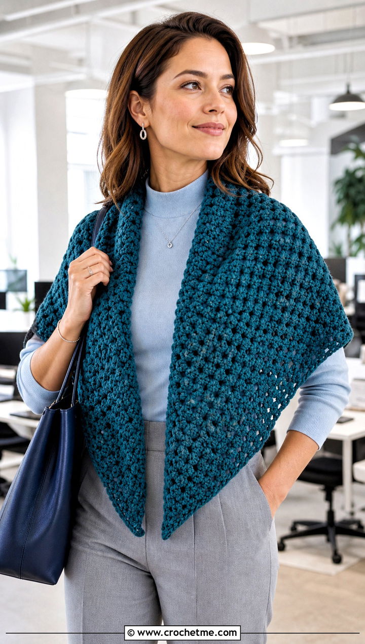 Half Hexagon Granny Crochet Shawl With Tailored Trousers - 15 Granny Crochet Shawl outfit ideas