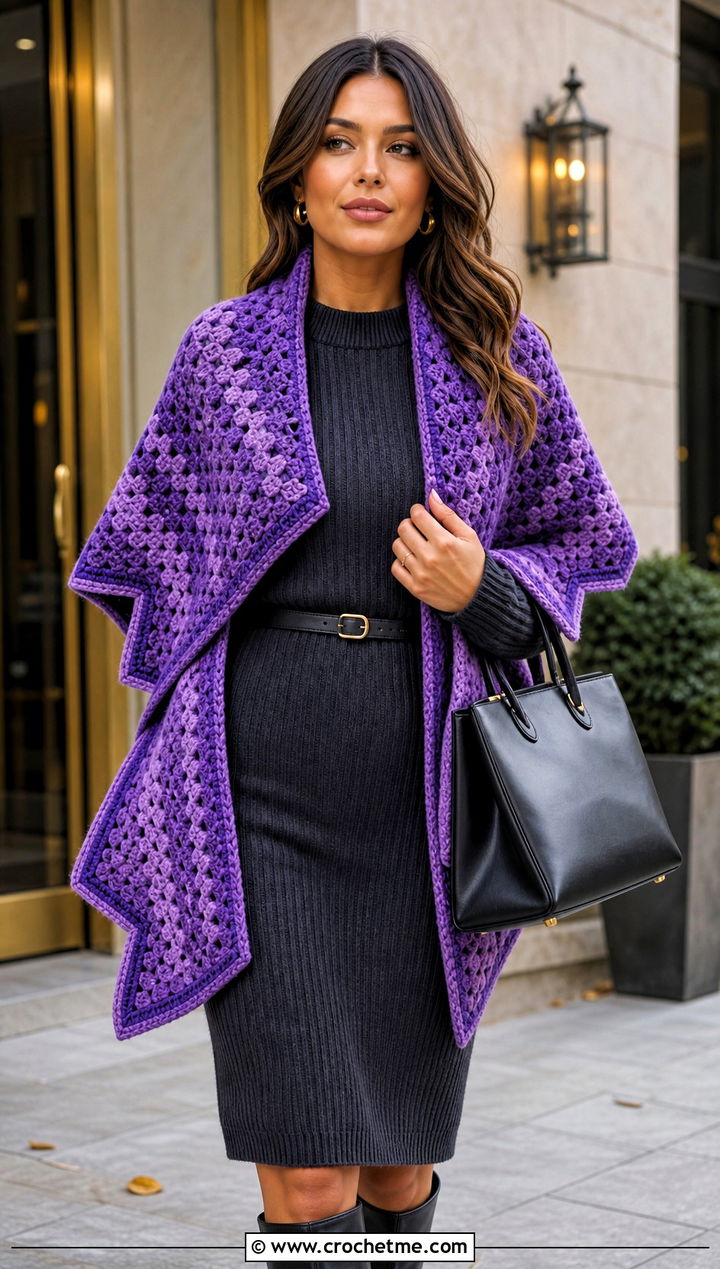 Half Hexagon Mosaic Crochet Shawl With Knit Dress - 30 mosaic crochet shawl outfit ideas