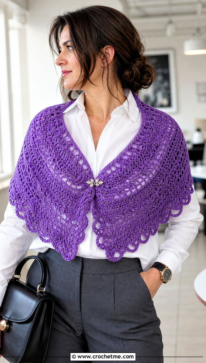 Half Moon Shawl With White Shirt And Trousers - 25 Vintage Crochet Shawl outfit ideas