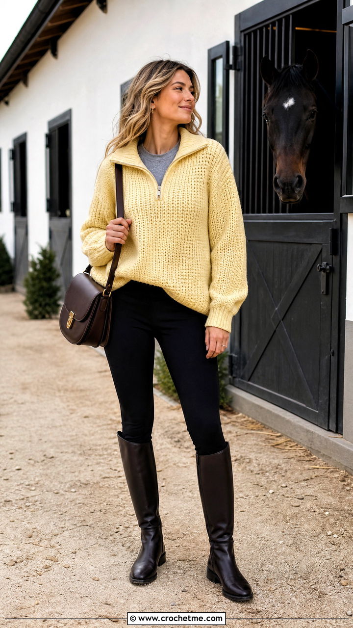 Half Zip Chunky Crochet Jumper With Riding Leggings - 35 chunky crochet jumper outfit ideas