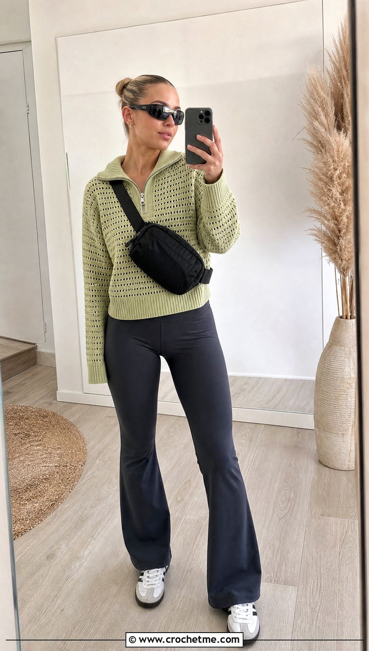 Half Zip Crochet Cotton Jumper With Flared Leggings - 15 Crochet Cotton Jumper outfit ideas