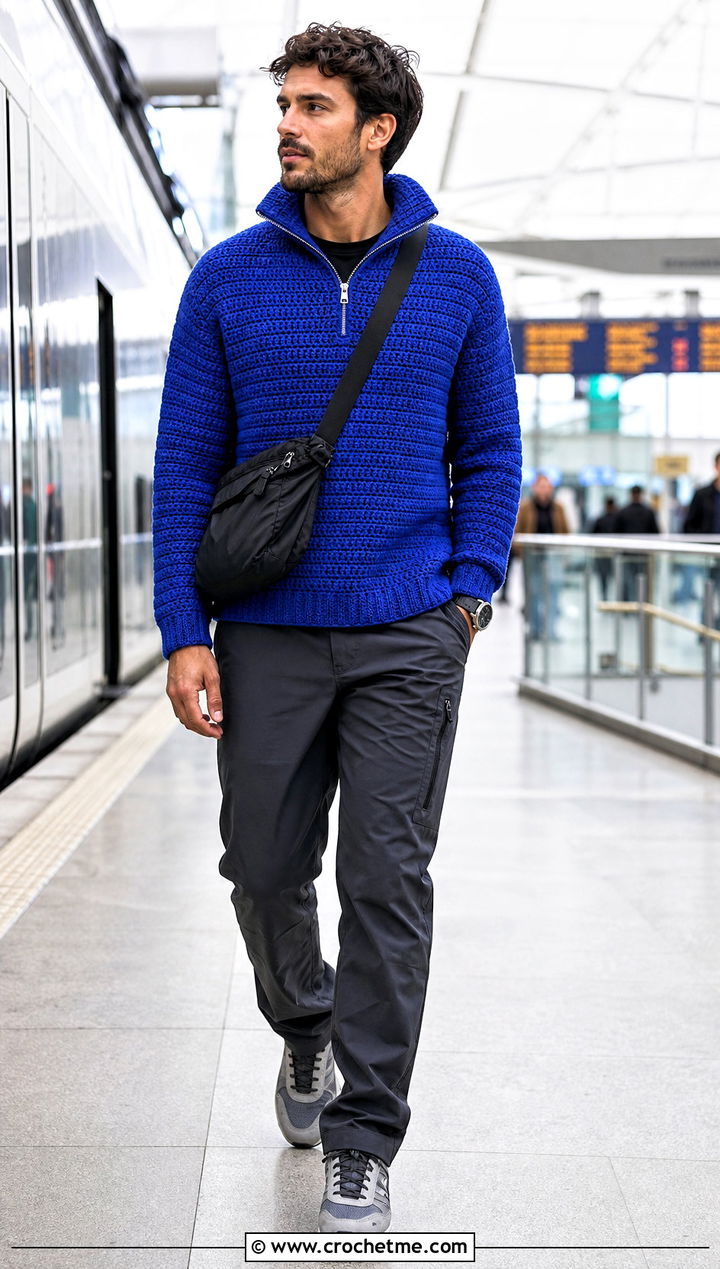 Half Zip Crochet Hoodie With Technical Pants - 25 Crochet Hoodie Men outfit ideas