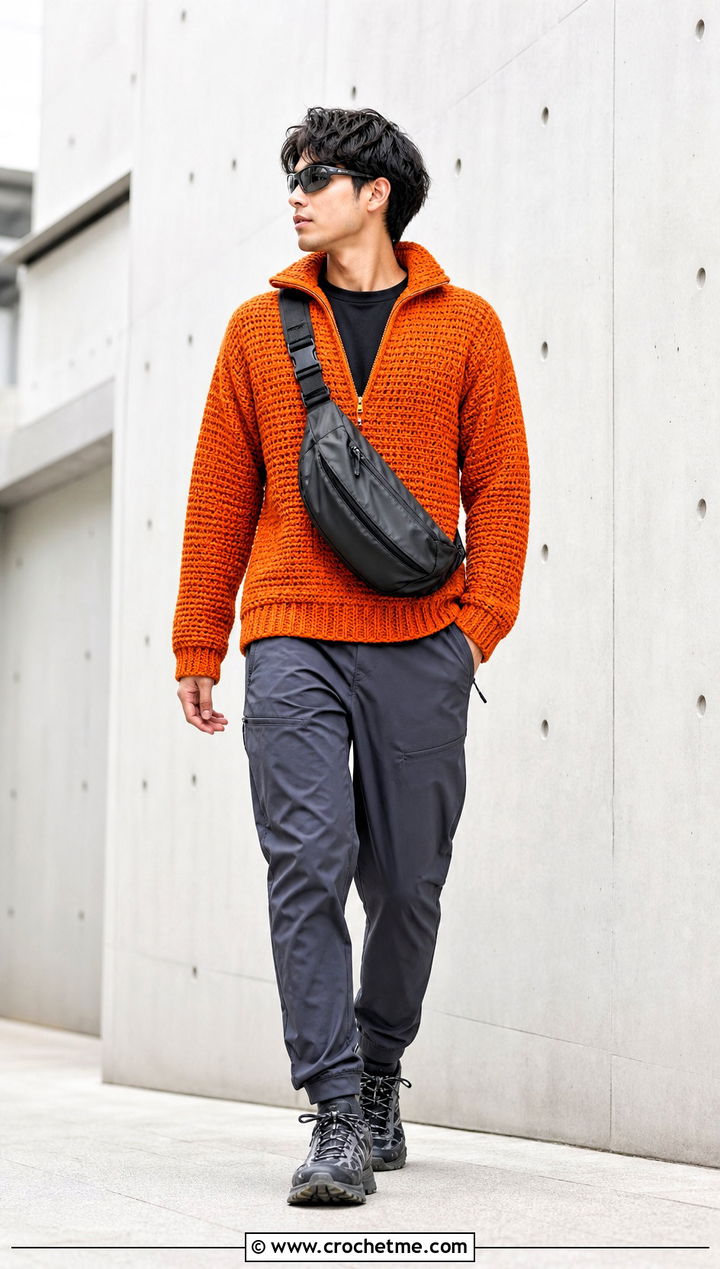 Half Zip Crochet Hoodie With Techwear Pants - 30 crochet mens hoodie outfit ideas