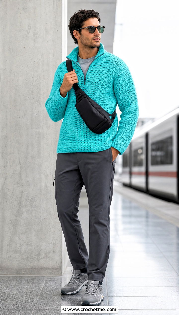 Half Zip Crochet Jumper With Technical Pants - 35 men crochet jumper outfit ideas