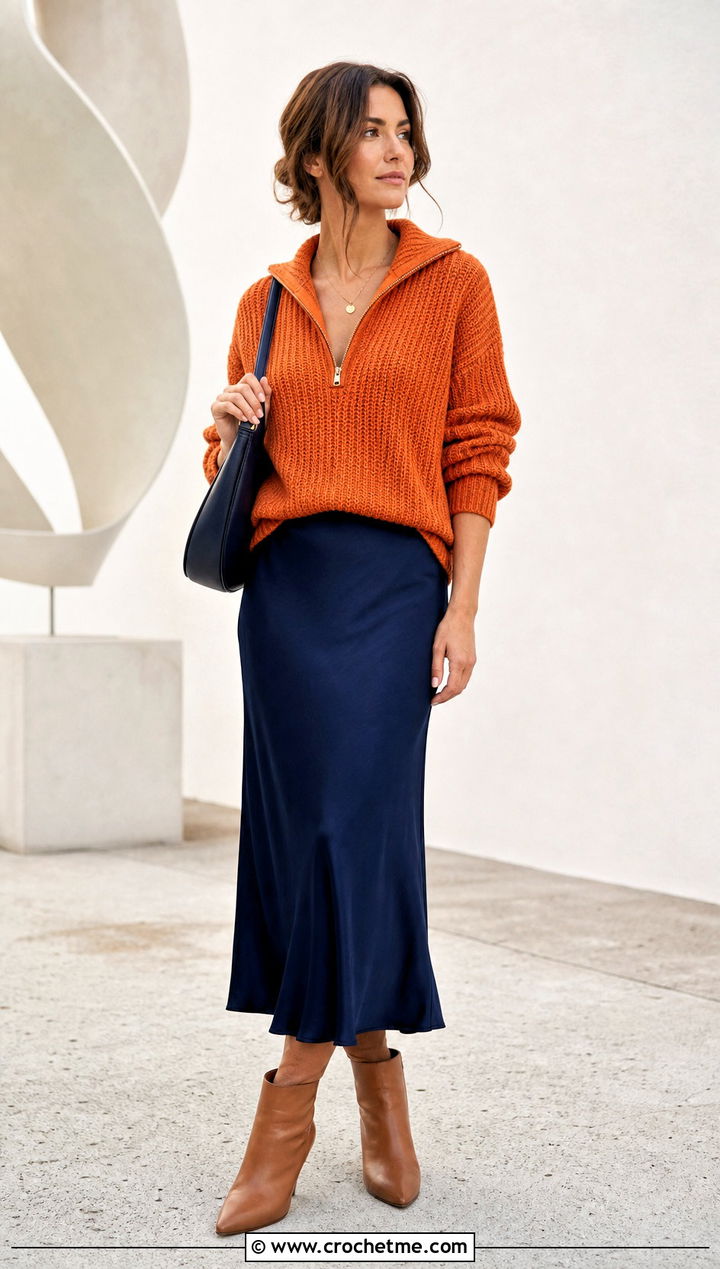 Half Zip Crochet Ribbed Sweater With Slip Skirt - 35 crochet ribbed sweater outfit ideas