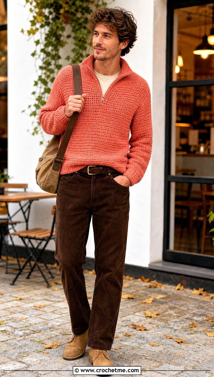 Half Zip Crochet Sweater With Corduroy Pants - 25 Mens Crochet Sweaters outfit ideas