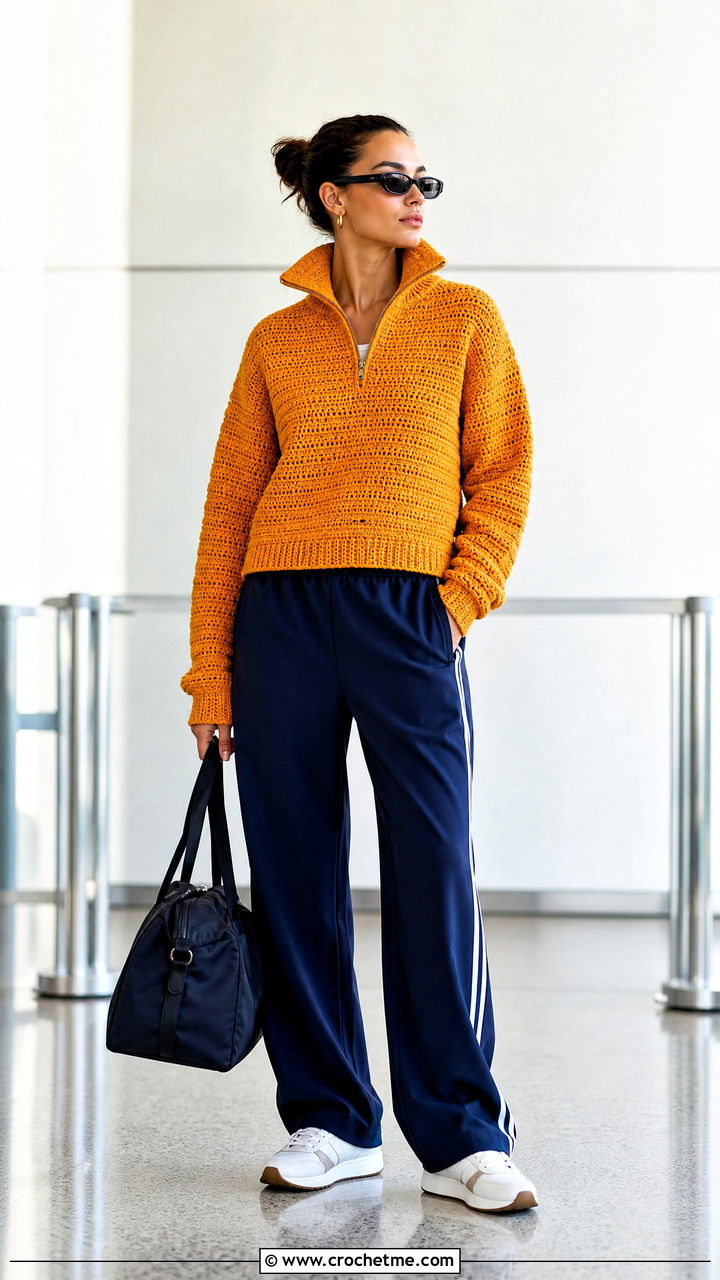 Half Zip Crochet Sweater With Track Pants - 35 cute crochet sweaters outfit ideas