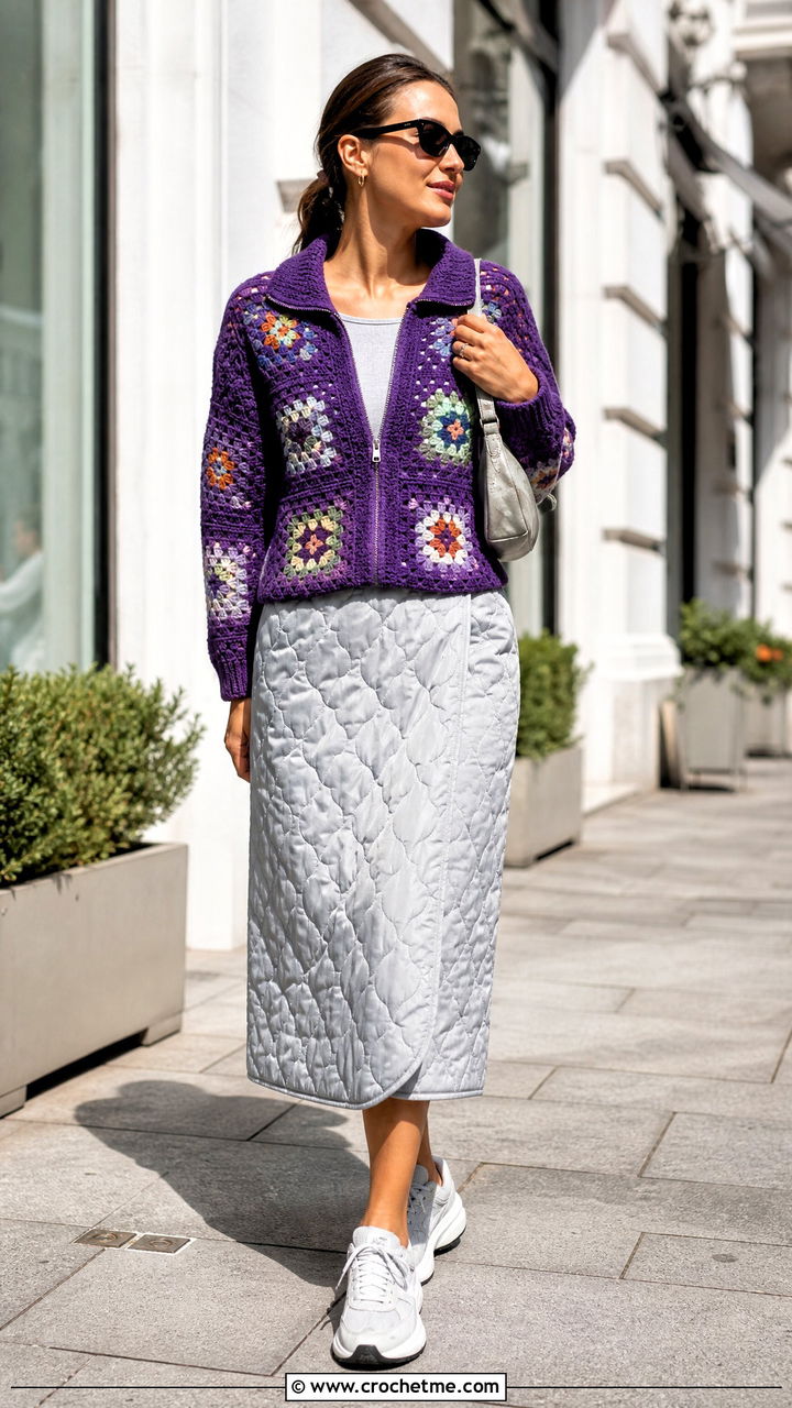 Half Zip Granny Square Sweater With Quilted Skirt - 35 granny square sweater outfit ideas