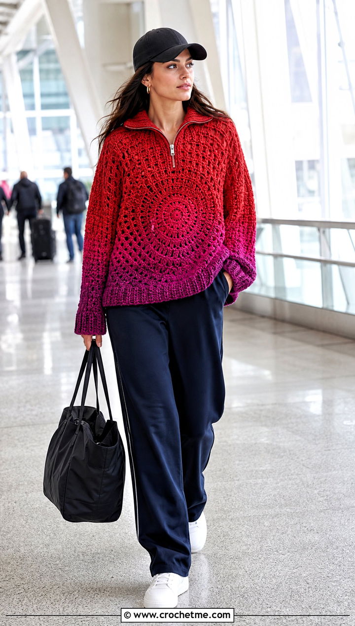 Half Zip Mandala Ombre Crochet Sweater With Track Pants - 15 mandala ombre crochet sweater outfit ideas
