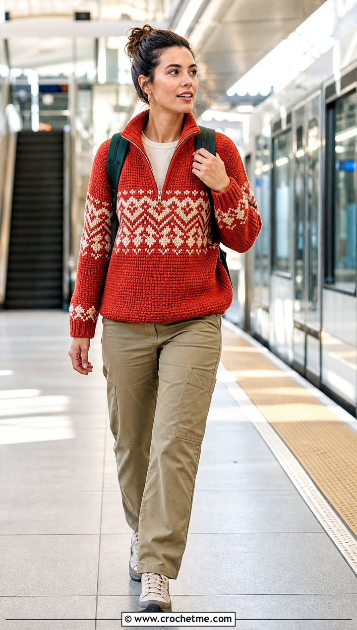 Half Zip Norwegian Crochet Sweater With Utility Pants - 20 Norwegian Crochet Sweater outfit ideas