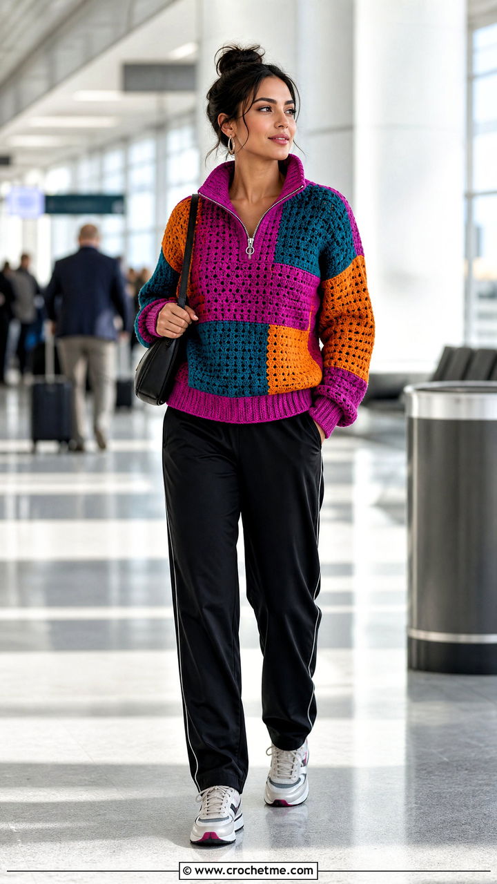 Half Zip Patchwork Crochet Sweater With Track Pants - 35 patchwork crochet sweater outfit ideas