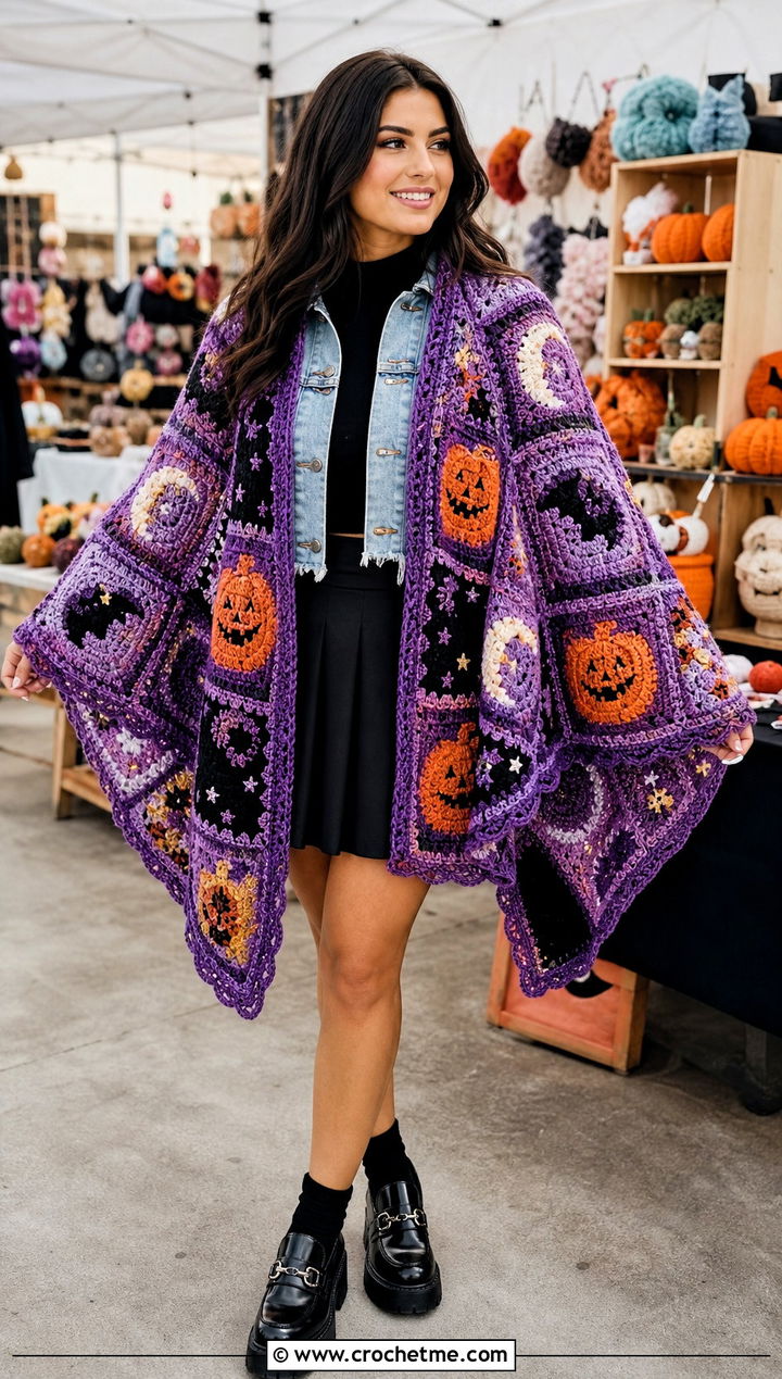 Halloween Granny Square Shawl With Denim Jacket and Skirt - 25 halloween crochet shawl outfit ideas