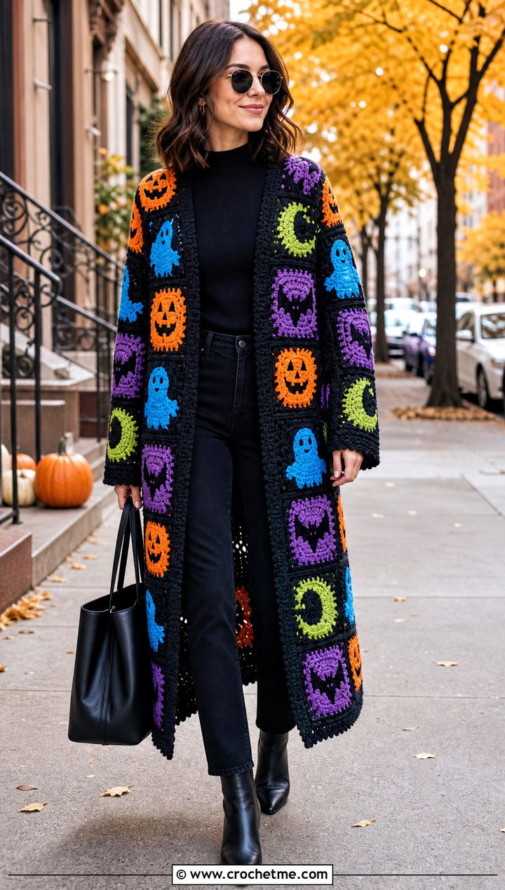 Halloween Motif Crochet Coat With All Black Outfit - 35 halloween crochet clothes and outfit ideas