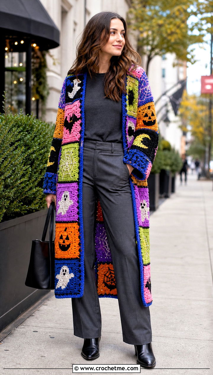 Halloween Patchwork Crochet Coat Outfit - 25 Crochet Halloween Clothes and outfit ideas