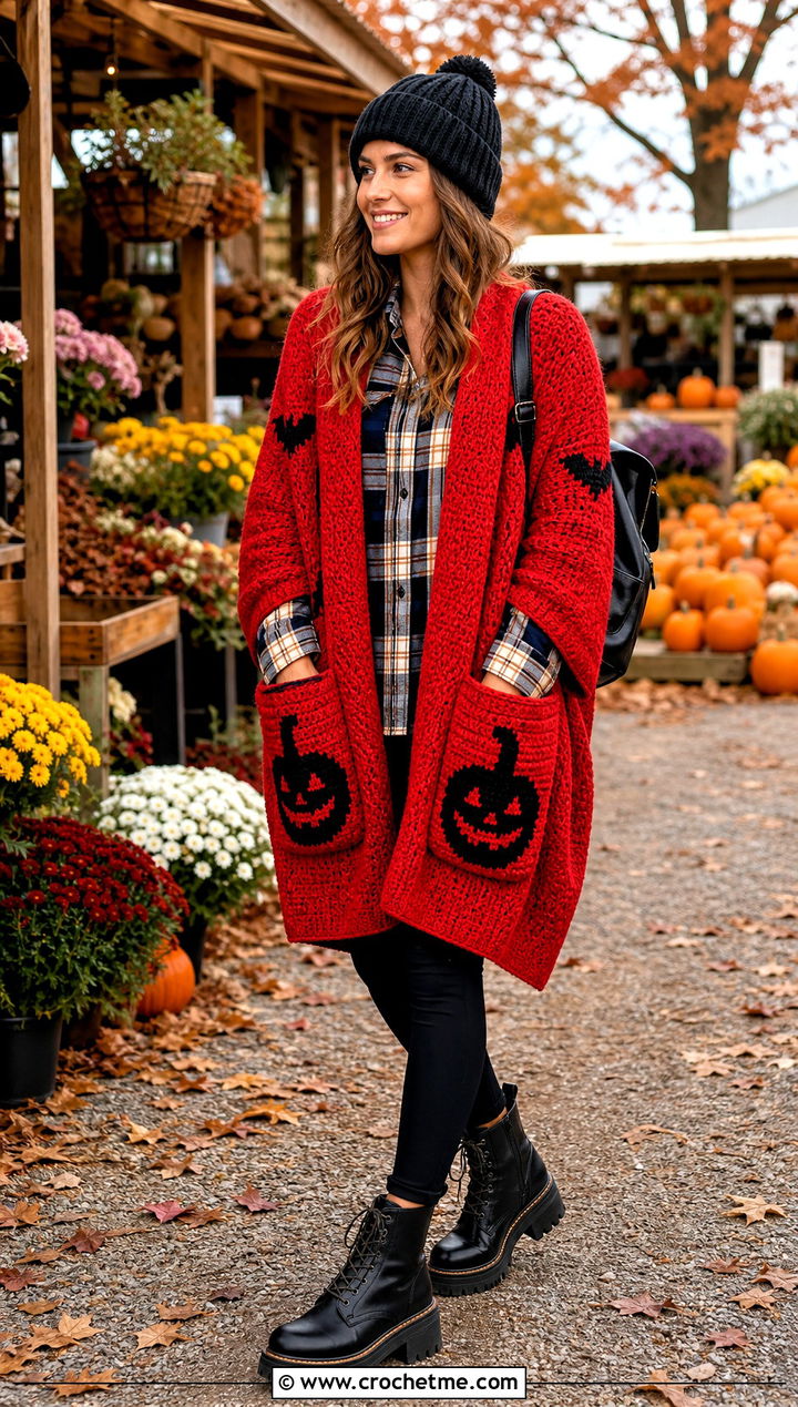 Halloween Pocket Shawl With Flannel Shirt and Leggings - 25 halloween crochet shawl outfit ideas