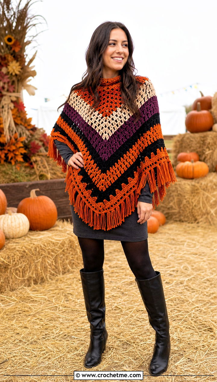 Halloween Stripe Crochet Poncho Outfit - 25 Crochet Halloween Clothes and outfit ideas
