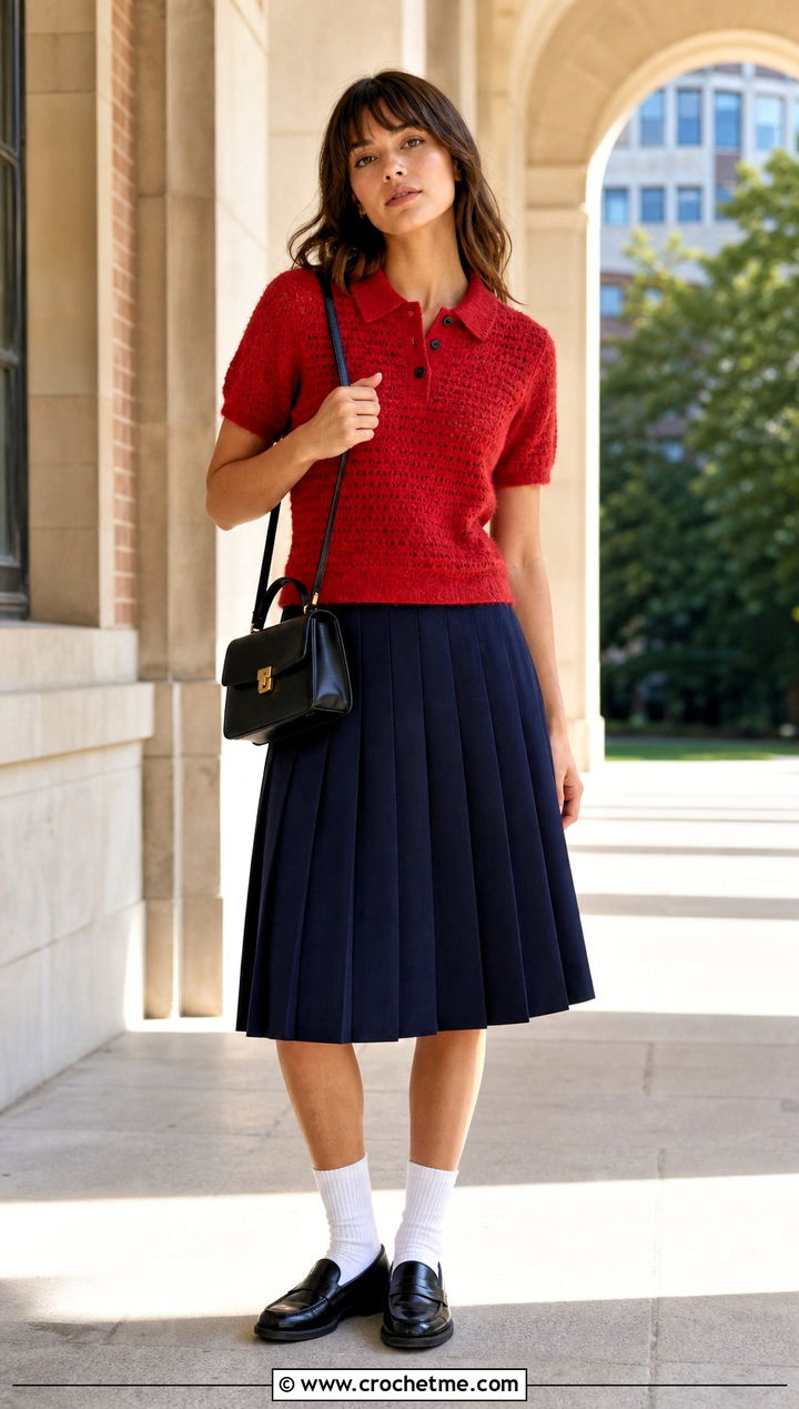 Halo Crochet Polo Top With Pleated Midi Skirt - 30 fluffy crochet clothes and outfit ideas