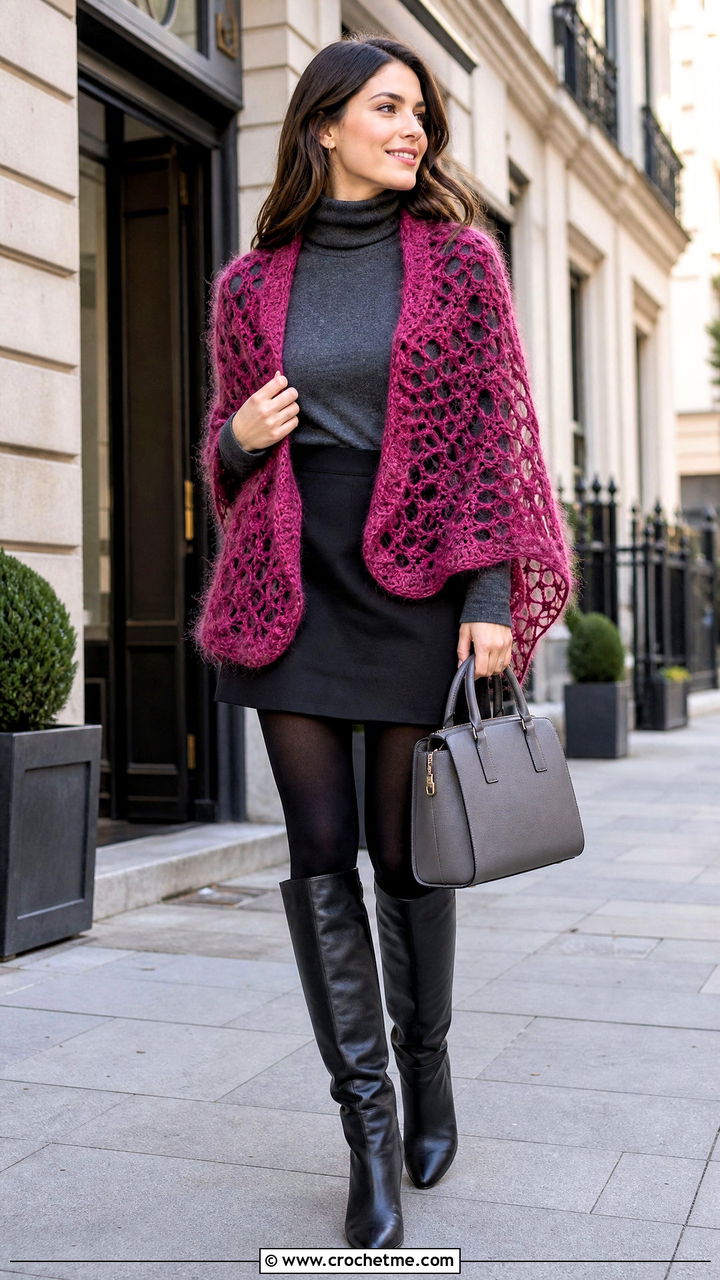 Halo Yarn Crochet Wrap With Mini Skirt And Tights - 35 crochet wrap outfit ideas