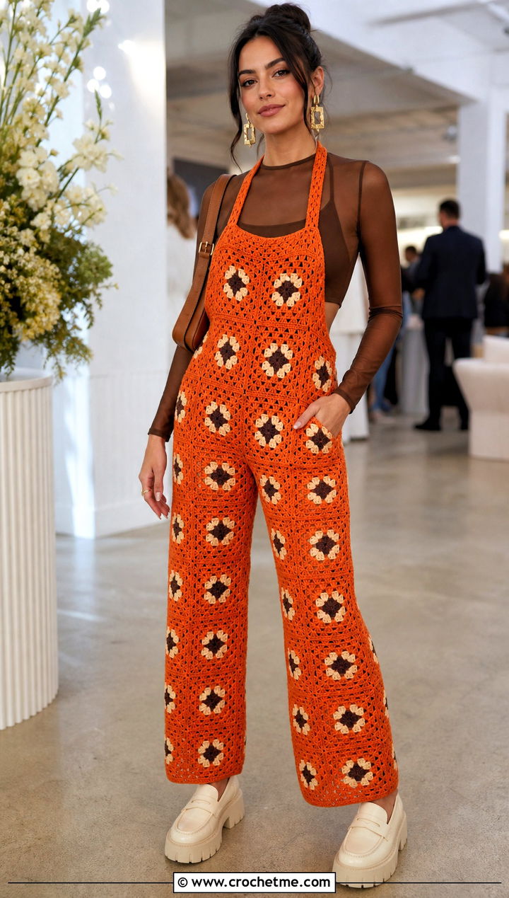 Halter Bib Granny Square Crochet Overalls With Mesh Top - 20 Granny Square Crochet Overalls outfit ideas