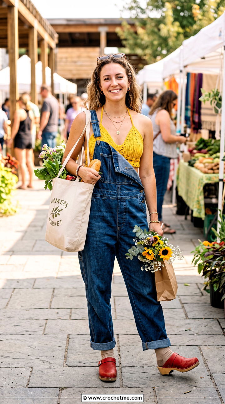 Halter Bralette Crochet Top With Denim Overalls - 35 crochet halter tops outfit ideas