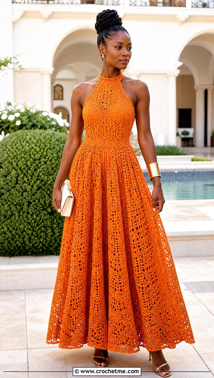 Halter Crochet Ball Gown With Gold Cuff - 30 crochet ball gown dress outfit ideas