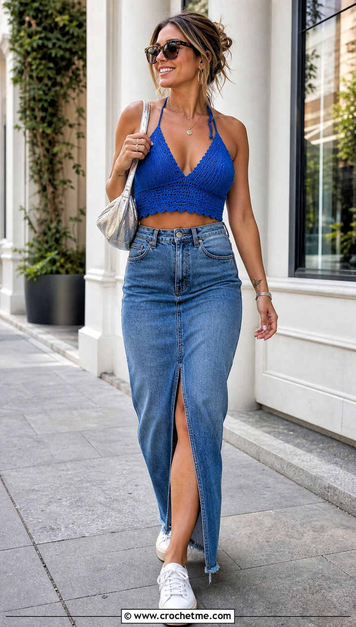 Halter Crochet Bathing Suit Top With Denim Maxi Skirt - 25 crochet bathing suit tops outfit ideas