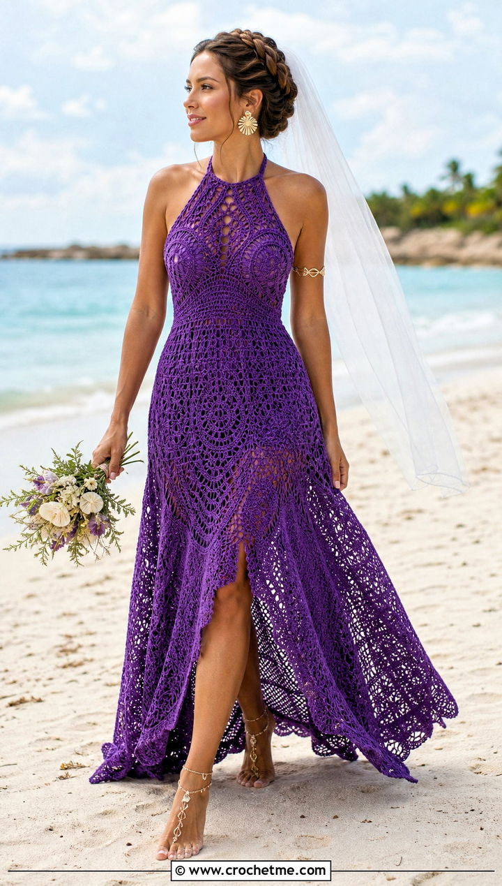 Halter Crochet Beach Bridal Gown With Barefoot Sandals - 15 Handmade Crochet Bridal Gown outfit ideas