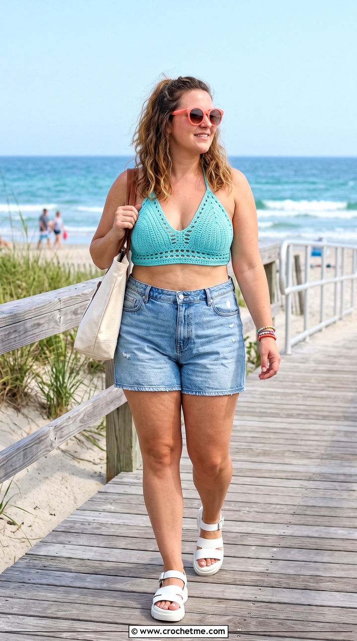 Halter Crochet Bikini With Denim Shorts - 15 colorful crochet swimwear outfit ideas
