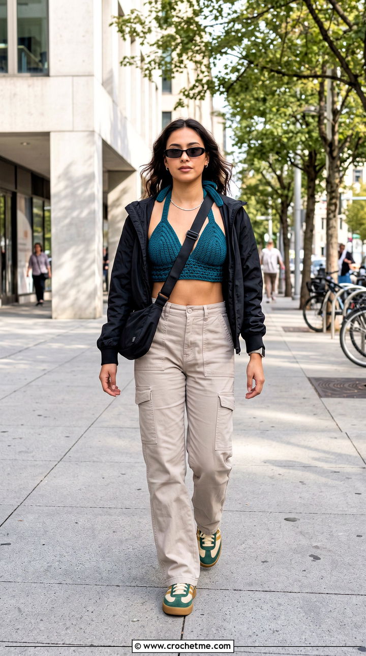 Halter Crochet Bralette With Cargo Pants - 15 simple crochet bralette outfit ideas