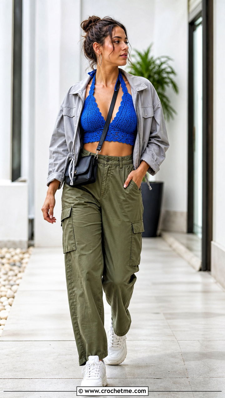 Halter Crochet Bralette With Cargo Pants - 15 boho crochet bralette outfit ideas
