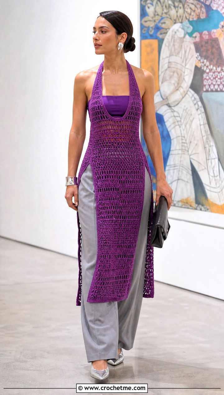 Halter Crochet Dress Over Tailored Pants - 15 Crochet Ladies Dress outfit ideas