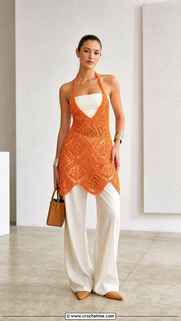 Halter Crochet Fairy Dress Over Wide Leg Trousers - 35 Crochet Fairy Dress outfit ideas