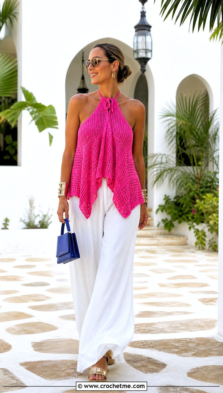 Halter Crochet Flowy Top With Palazzo Pants - 15 crochet flowy top outfit ideas