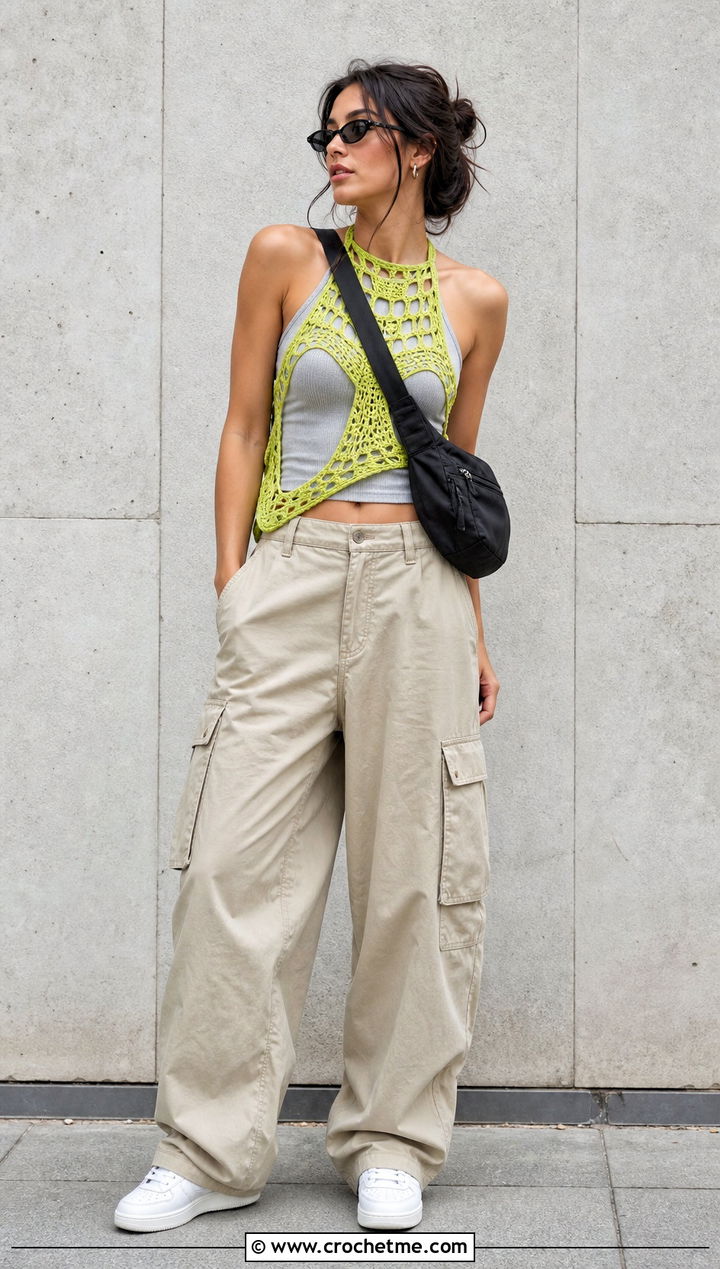 Halter Crochet Harness Top With Cargo Pants - 15 Crochet Harness Top outfit ideas