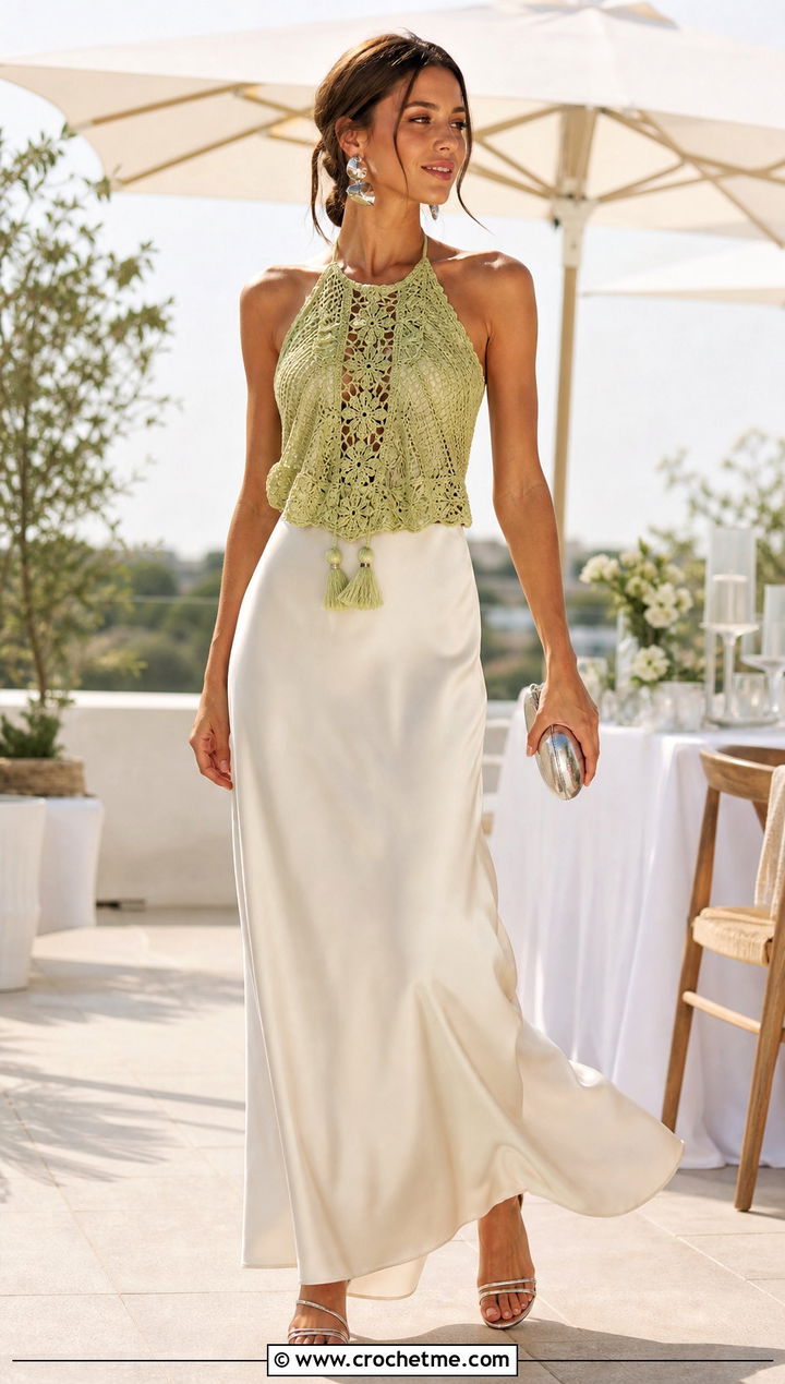 Halter Crochet Lace Top With Satin Maxi Skirt - 15 Crochet Lace Top With Tassels outfit ideas