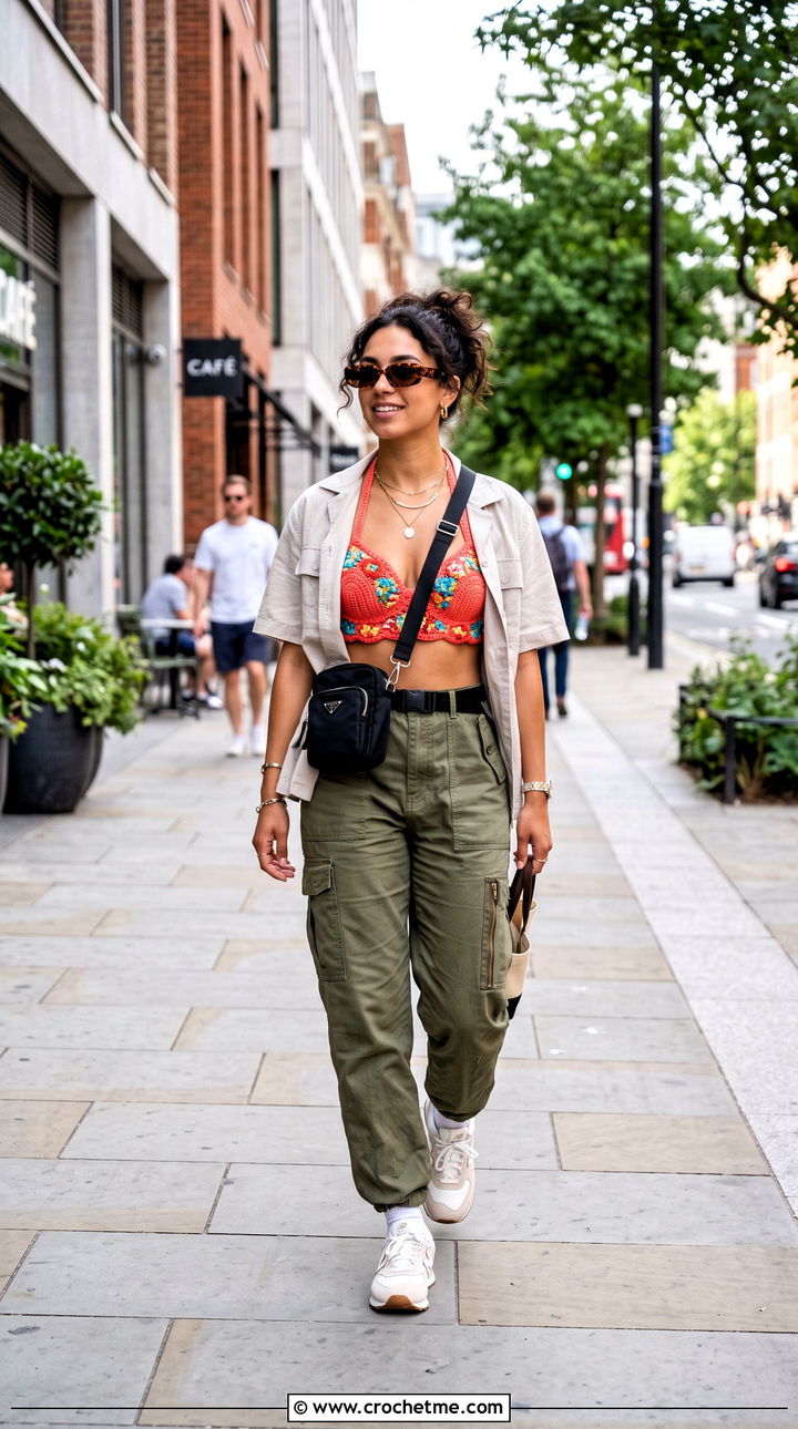 Halter Crochet Push Up Bra With Cargo Pants - 30 crochet push up bra outfit ideas
