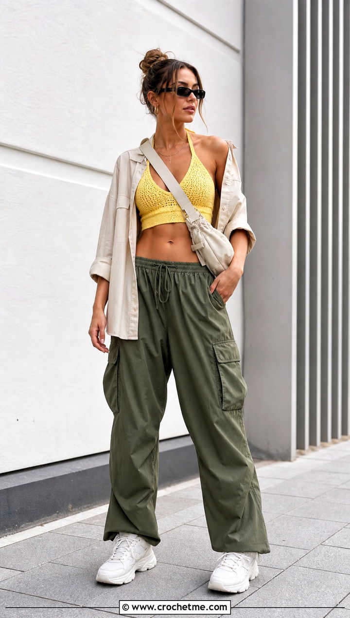 Halter Crochet Sports Bra With Cargo Pants - 30 crochet sports bra outfit ideas