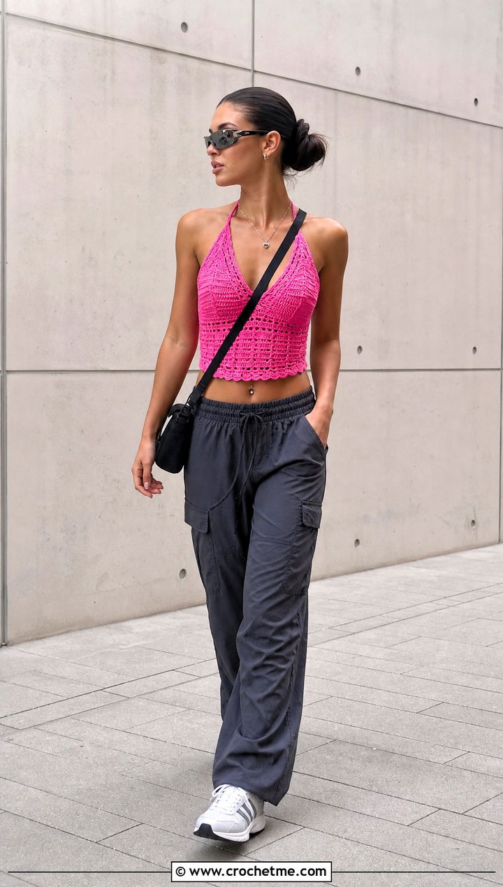 Halter Crochet Summer Tank Top With Cargo Pants - 35 crochet summer tank top outfit ideas