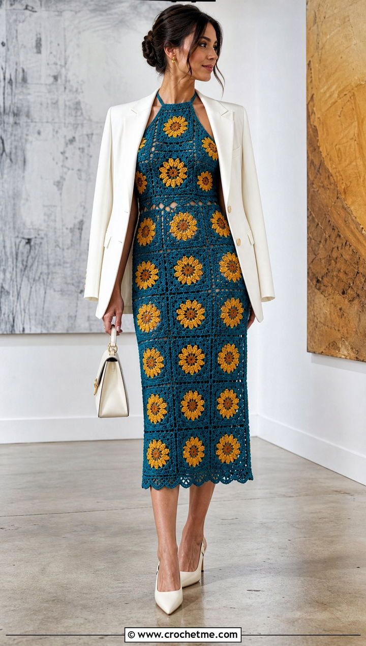 Halter Crochet Sunflower Midi Dress With White Blazer - 35 crochet sunflower dress outfit ideas