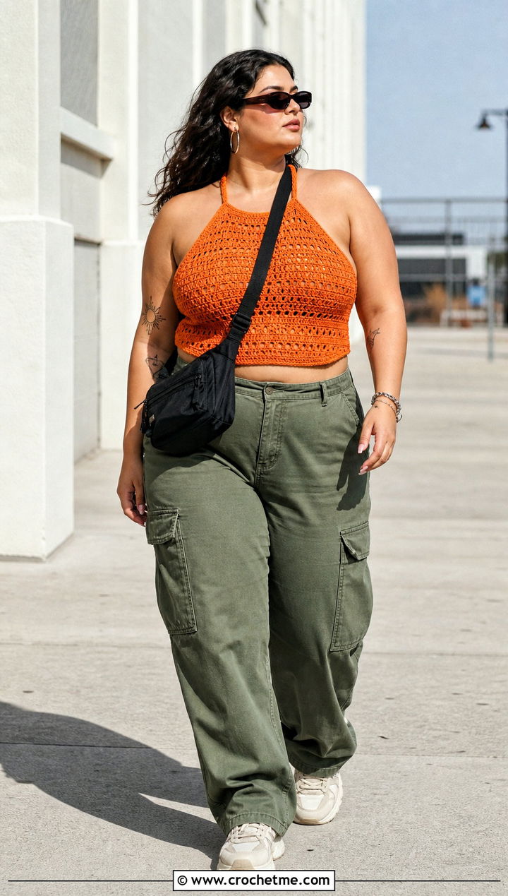 Halter Crochet Tank Top With Cargo Pants - 25 plus size crochet tank top outfit ideas