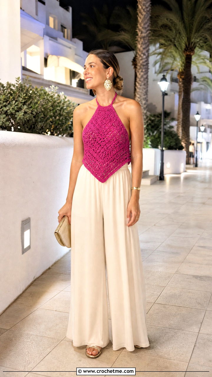 Halter Crochet Vest With Palazzo Pants - 35 easy crochet vest outfit ideas
