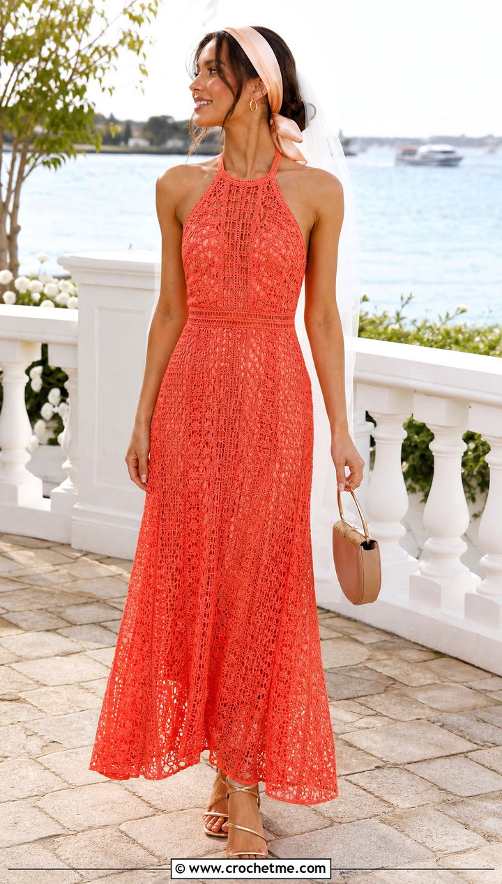 Halter Crochet Wedding Dress With Silk Scarf - 20 vintage crochet wedding dress outfit ideas